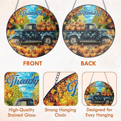 FLAGWIX Fall Decorations for Home - Tractor Stained Glass Window Hanging 8in - Sun Catchers Indoor Window, Fall Gifts for Women Men, Thanksgiving Decorations Suncatcher, Thanksgiving Gifts for Mom Dad