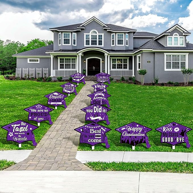 Chunful 12 Pack Graduation Yard Signs Grad Decoration 2026 Happy Graduate Lawn Garden Sign with Stake Congrats Outdoor Plastic Cap Hanging Ornament for Class Pathway Walkway Porch Party(Purple)