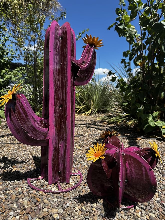 Colorful Metal Saguaro Cactus with Flowers - Handmade Garden Decor (Pink)