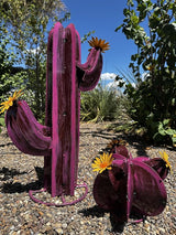 Colorful Metal Saguaro Cactus with Flowers - Handmade Garden Decor (Pink)