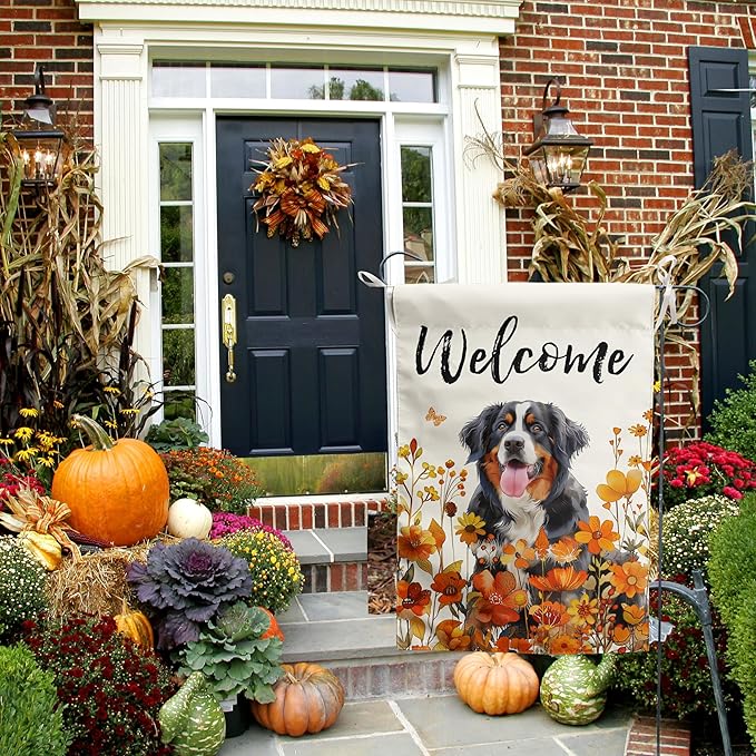 Bernese Mountain Fall Garden Flag Autumn Dog Yard Sign Orange Floral Thanksgiving Outdoor Banners for Outside 12x18 Double Sided Small Wild Flower Lawn Decorations