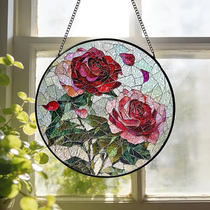 Pink Red Roses Stained Glass Window Hanging Suncatchers Valentine Roses Glass Panel Hangings Vintage Floral Window Decor Flowers Lovers Gift for Women Mom Spring Garden Nature Ornament 5.9inch