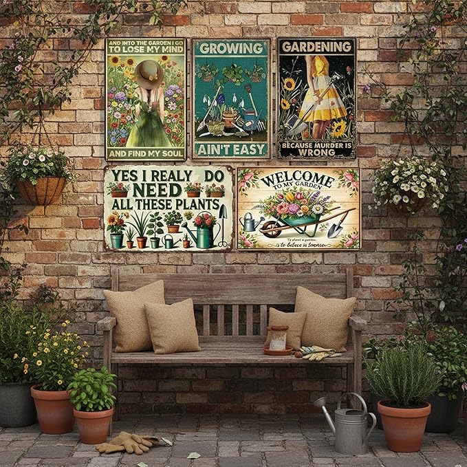 Funny Metal Garden Sign, 8" x 12" Vintage Gardening Decor - 5Pcs Women's Garden Gifts, Weather-Resistant Metal Wall Art for Yard, Backyard, Patio & Porch