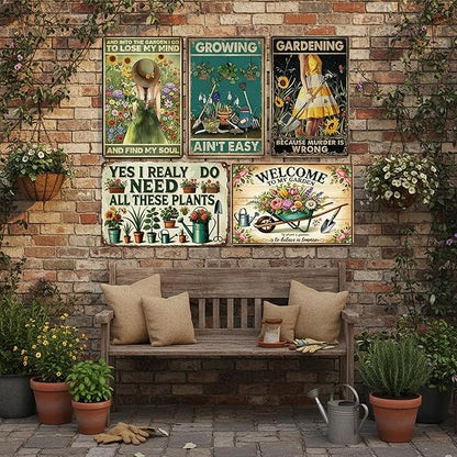 Funny Metal Garden Sign, 8" x 12" Vintage Gardening Decor - 5Pcs Women's Garden Gifts, Weather-Resistant Metal Wall Art for Yard, Backyard, Patio & Porch