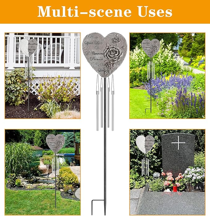 bocola Resin Heart Wind Chime with Rose & Angel Wings Engravings - Memorial Plaques for Garden Cemetery Grave Decoration-Sympathy Gifts for Loss of Loved One