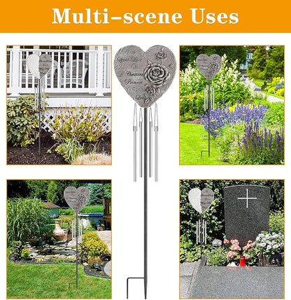 bocola Resin Heart Wind Chime with Rose & Angel Wings Engravings - Memorial Plaques for Garden Cemetery Grave Decoration-Sympathy Gifts for Loss of Loved One