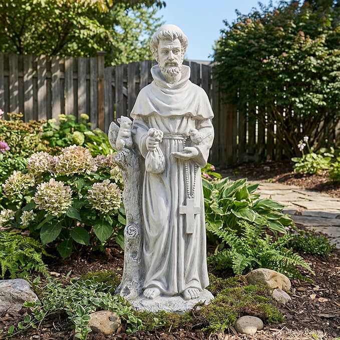 St Francis Garden Yard Decor Statues 30.7 Inch Saint Francis of Assisi Catholic Christian Lawn Patio Outdoor Sculptures Magnesium Oxide Stone Garden Art Decorations，Grey