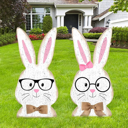 2 Pcs Easter/Spring Outdoor Decorations 16 Inch Easter Yard Signs Metal Pastel Gnome/Rustic Bunny/Lavender Garden Stakes for Home Outside Pathway Lawn Backyard Patio Farmhouse Party Decor(Rabbit)