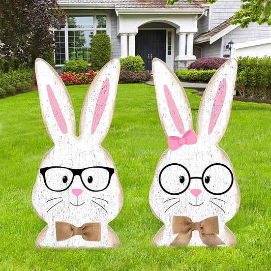 2 Pcs Easter/Spring Outdoor Decorations 16 Inch Easter Yard Signs Metal Pastel Gnome/Rustic Bunny/Lavender Garden Stakes for Home Outside Pathway Lawn Backyard Patio Farmhouse Party Decor(Rabbit)