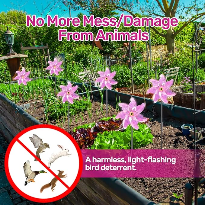 BATTIFE Reflective Pinwheels for Yard and Garden, Pre-Installed Bird Blinder Sparkly Pin Wheel, Scare Birds & Animal Away Wind Spinner, 10 Pack (Pink)
