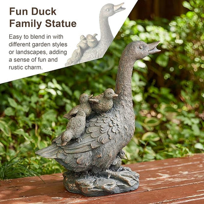 Glitzhome Bronze Duck Garden Statue, 15" H Faux Family of 4 with Mother and Three Babies, Hand-Painted Resin & Stone Outdoor Decor for Yard, Patio, Spring Landscape