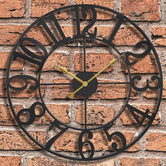 Large Outdoor Wall Clock 24 Inch - Black Metal Decorative Clock with Big Arabic Numbers - Silent Non-Ticking Quartz Clock for Patio, Garden, Porch, Backyard & Indoor Home Decor