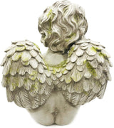 Guardian Angel Cherub Garden Statue with Bird Feeder Bird Bath Feeding Bowl, Religious Decor Sculpture, Natural Stone Grey with Moss, 8 inch Tall