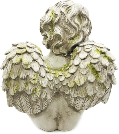 Guardian Angel Cherub Garden Statue with Bird Feeder Bird Bath Feeding Bowl, Religious Decor Sculpture, Natural Stone Grey with Moss, 8 inch Tall