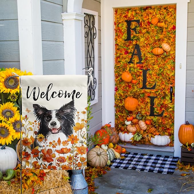 Border Collie Fall Garden Flag Autumn Dog Yard Sign Orange Floral Thanksgiving Outdoor Banners for Outside 12x18 Double Sided Small Wild Flower Lawn Decorations