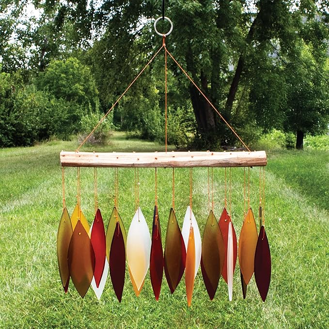 Blue Handworks Fall Leaves Glass & Driftwood Chime, Sandblasted Glass and Found Wood Handcrafted Wind Chime