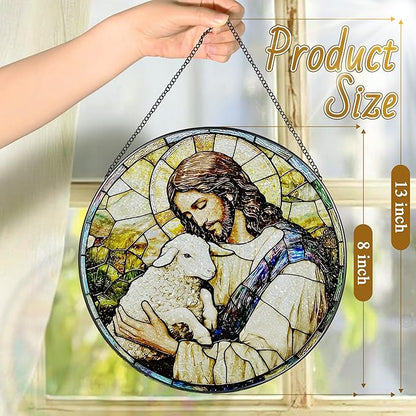 8 Inches Jesus Holding Lamb Painted Stained Glass Suncatcher, Christian Ornament, Window Hanging Decor, Christmas Decor, Christian Gift, Religious Gift, Gifts for Christmas