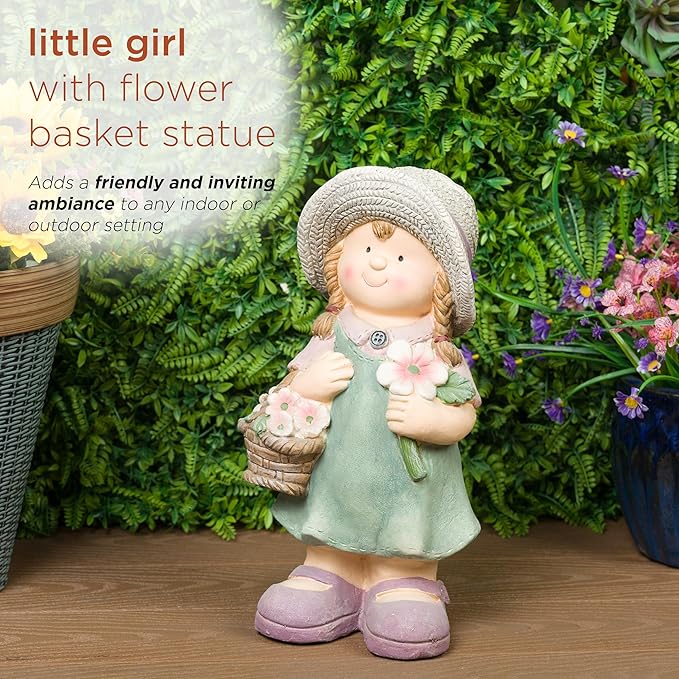 Alpine Corporation QWR1456 Indoor/Outdoor Little Girl with Flower Basket Garden Statue, Playful Child Statue for Yard, 15" H, Green
