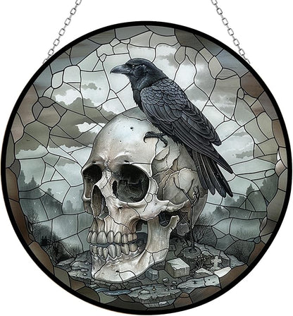 Skull Crow Stained Glass Window Hanging Suncatcher 12" Glass Panel with Metal Chain Sun Catchers Wall Art Home Decor Gift for Women Mother's Day