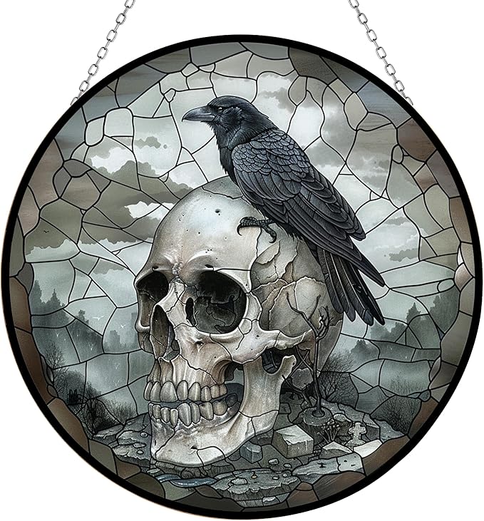 Skull Crow Stained Glass Window Hanging Colorful Suncatchers Stained Glass Panel Sun Catchers Wall Hanging Decor Gifts for Mom,Grandma