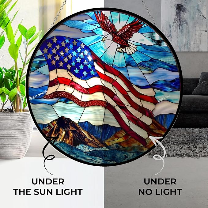 American Flag Stained Glass Window Hanging Customized Suncatcher 12" Glass Panel with Metal Chain Sun Catchers Wall Art Home Decor Gift for Women Mother's Day