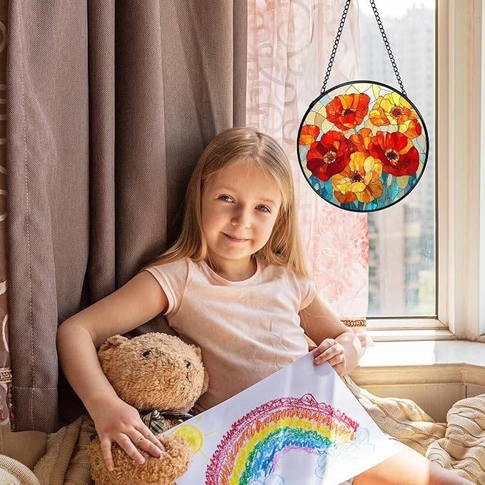 Poppy Flower Suncatcher Stained Glass Window Hanging, Poppy Flower Gifts Sun Catchers Indoor Window Glass Wall Art Decor, Floral Wall Hanging Decor Decorations, 7.9x7.9 Inch 032-MH-BLGH