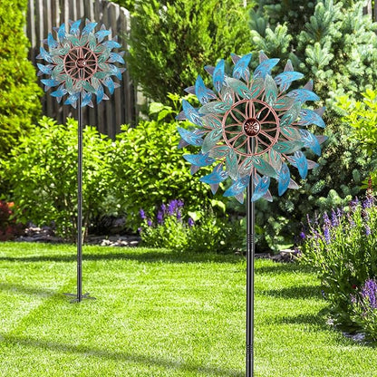 66 Inch Metal Outdoor Wind Spinner, 2-Way Wind Sculpture Spinner with Metal Stake, Waterproof 360 Degrees Kinetic Windmill Art Decoration for Patio Garden Lawn (A- Vintage Blue)
