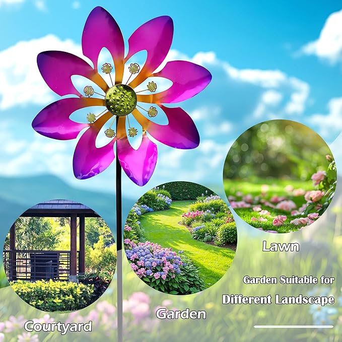 COOZZYHOUR Outdoor Metal Flower Wind Spinners,36 Inch Purple Flower Windmill with Stake,Pinwheels for Yard Lawn Patio and Garden Decor-Purple
