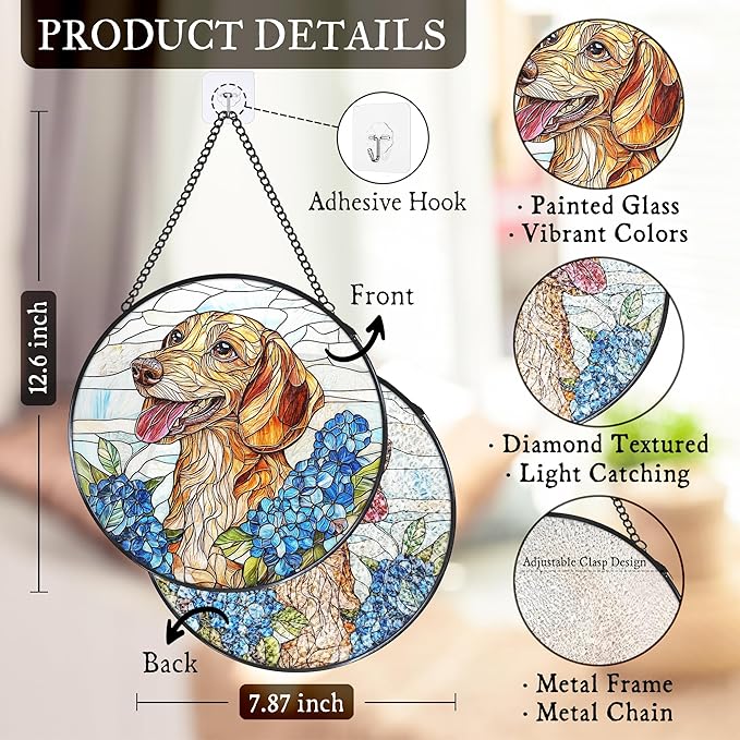 Dachshund Hydrangea Stained Glass Window Hanging Suncatcher, Weiner Dog Sun Catcher Indoor Window, Dachshund Gifts for Women, Dog Painted Glass Round Wall Hanging Decorations, 7.8x7.8 in