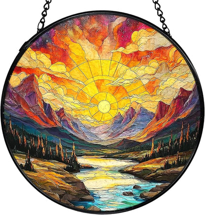 Mountain Sunset Landscape Suncatcher Stained Glass Window Hanging, Nature Landscape Sun Catchers Indoor Window Glass Wall Art Decor, Mountain Wall Hanging Decor Decorations, 7.9x7.9 Inch