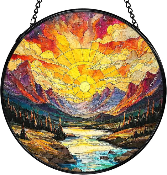 Mountain Sunset Landscape Suncatcher Stained Glass Window Hanging, Nature Landscape Sun Catchers Indoor Window Glass Wall Art Decor, Mountain Wall Hanging Decor Decorations, 7.9x7.9 Inch