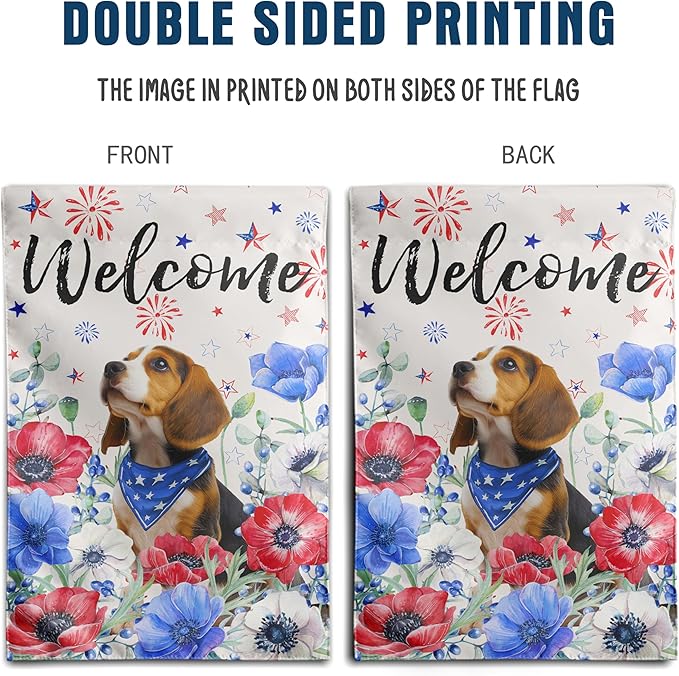 4th of July Beagle Garden Flag Red White Blue Floral Dog Yard Flags Small Memorial Independence Day Banner 12x18 Double Sided for Outside Outdoor Patriotic Decor