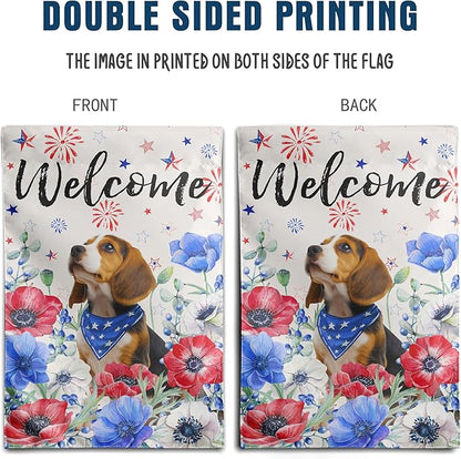 4th of July Beagle Garden Flag Red White Blue Floral Dog Yard Flags Small Memorial Independence Day Banner 12x18 Double Sided for Outside Outdoor Patriotic Decor