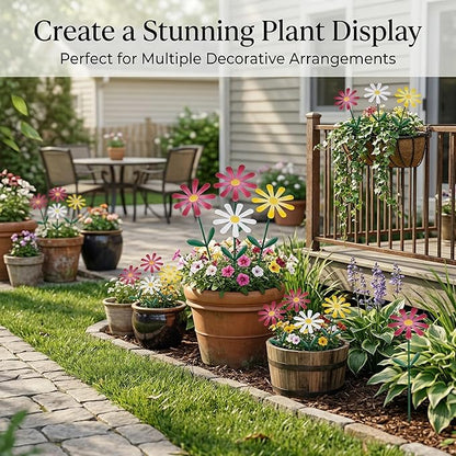 Flower Garden Stake Decor, Outdoor Plant Pick Water Proof Metal Sunflower Daisy Stick for Lawn Yard Patio, Pathway Ornament, Set of 3