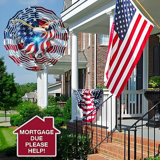 American Flag Wind Spinner 12 Inch - 3D Patriotic Eagle & Christian Cross Outdoor Decor, Stainless Steel Hanging Yard Spinner, Gift for 4th of July, Veterans, Mom, Dad, Home & Garden