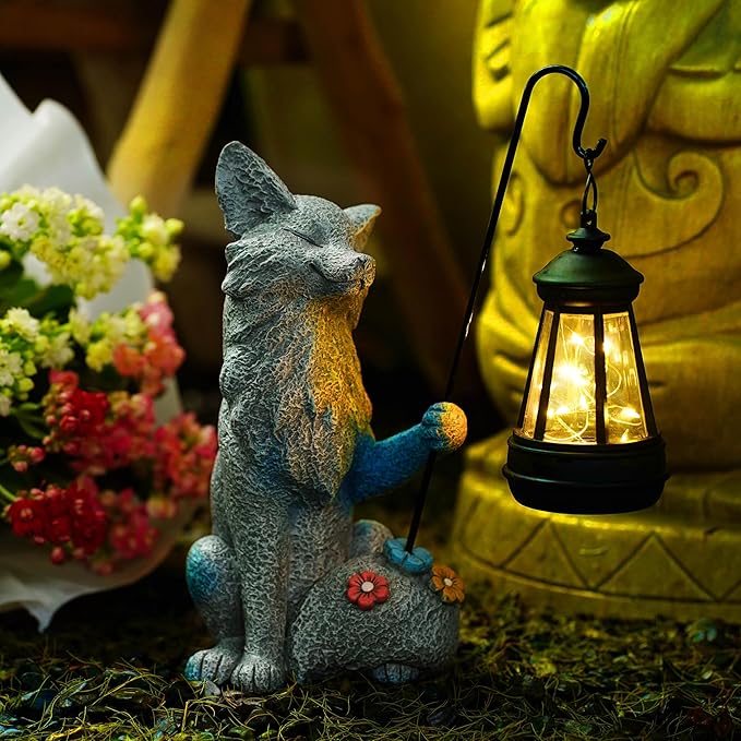 Fox Statue for Garden Decor, Garden Statue with Solar Power Light for Outdoor Patio Porch Lawn Yard Backyard Oudside Indoor Shelf Decoration,Praying Fox Sculptures Gifts for Mom Grandma
