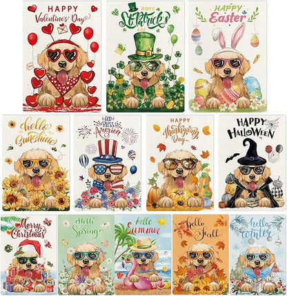 Golden Retriever Seasonal Garden Flags Set of 12, Welcome Seasonal Garden Flags 12x18 Double Sided, Dogs Yard Flags for All Holidays, Fall Winter Halloween Christmas Flag for Outdoor Farmhouse Decor
