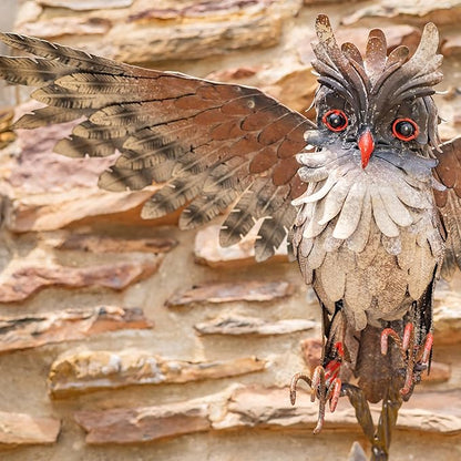 Zaer Ltd. Great Horned Owl Metal Garden Accent, Indoor/Outdoor Decor, Hand-Painted Black-Grey Finish (26.5" Tall Bramble)