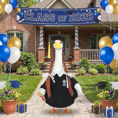 Abbylike Graduation Porch Goose Outfits Graduation Cap with Gold Tassel and Wig Yard Goose Costume Clothes Fits Large 23'' Cement for Garden Yard Statue Lawn Pathway Decorations