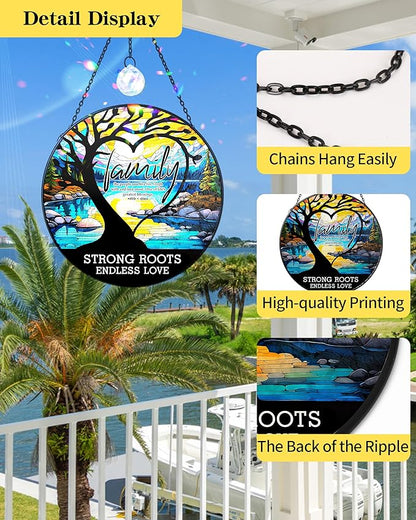 Tree of Life Stained Glass Suncatcher,Heart Shape Tree of Life Window Hanging Decor,Handmade Glass Sun Catcher with Crystal Prism, for Mom Housewarming Birthday Home Decor(7.8 in)