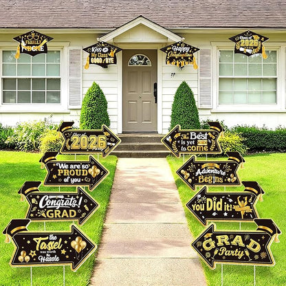 2026 Graduation This Way Yard Sign Arrow for Outdoor Pathway,Graduation Cap Hanging Yard Signs,Black Gold Directional Yard Signs with Stakes Ribbon,Grad Party Decor for College High School