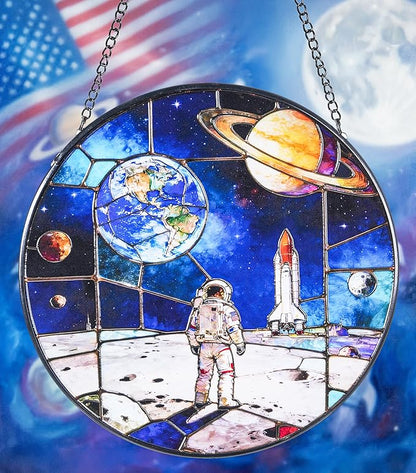 Stained Glass Window Hanging Suncatchers with Armstrong's Moon Landing 12.6", Vibrant Glass Panel with Metal Chain for Home Decor Gift for Women Mother's Day, Birthday, Men, and Mom