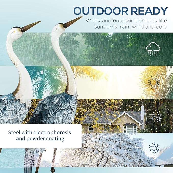 Outsunny Crane Garden Statues, 28.5" & 29" Standing Bird Sculptures, Metal Yard Art Decor for Lawn, Patio, Backyard, Landscape Decoration Set of 2, Blue & White