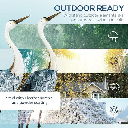 Outsunny Crane Garden Statues, 28.5" & 29" Standing Bird Sculptures, Metal Yard Art Decor for Lawn, Patio, Backyard, Landscape Decoration Set of 2, Blue & White