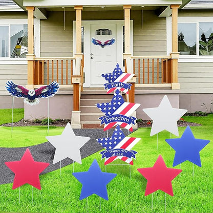 11 Pcs Independence Day Yard Signs(2 Eagles+9 Stars), 4th of July Patriotic Outdoor Decorations, Memorial Day Pentagram(Red White Blue) Garden Sign with Stakes for Fourth of July Celebration