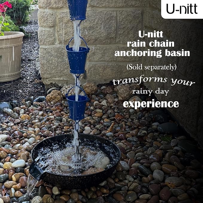 U-nitt Rain Chain Water Collection for Gutters Rainwater Catcher & Diverter, 8.5 FT Chains for Outside Garden, Blue Bucket Cups, Roof Downspout, Works with Heavy Rain, w/Gutter Clip for Rainchains
