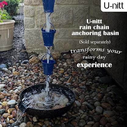 U-nitt Rain Chain Water Collection for Gutters Rainwater Catcher & Diverter, 8.5 FT Chains for Outside Garden, Blue Bucket Cups, Roof Downspout, Works with Heavy Rain, w/Gutter Clip for Rainchains