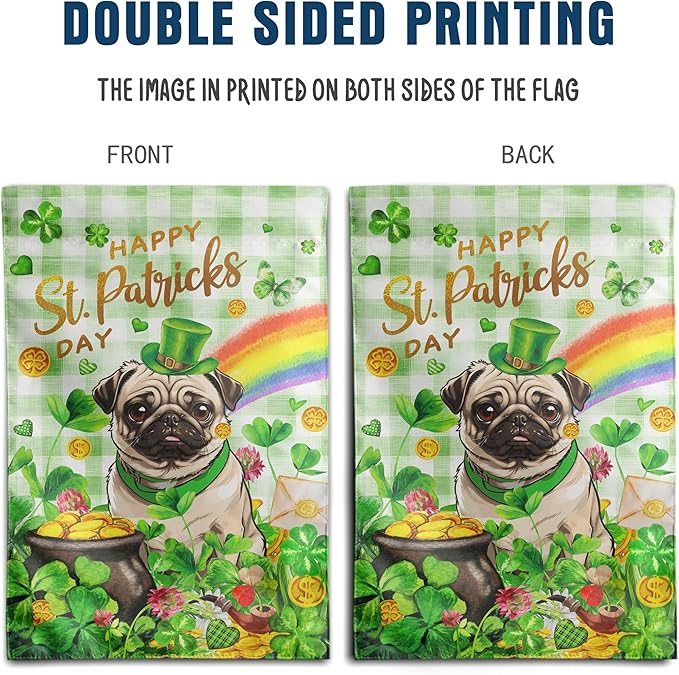 Pug St Patricks Day Garden Flag Dog St Patrick's Day Yard Flags for Outside 12x18 Double Sided Buffalo Plaid Shamrock Flag Small Outdoor Rainbow St Patrick's Decor