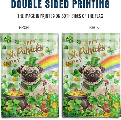 Pug St Patricks Day Garden Flag Dog St Patrick's Day Yard Flags for Outside 12x18 Double Sided Buffalo Plaid Shamrock Flag Small Outdoor Rainbow St Patrick's Decor
