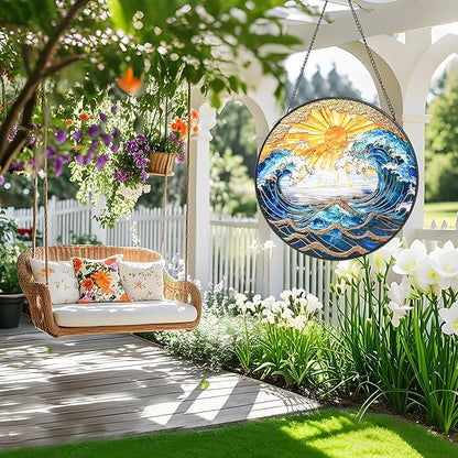 Stained Glass Window Hanging, Blue and White Waves Gold Sunset Suncatcher for Door Garden Kitchen Home Decor, Glass Panel Landscape Sun Catchers for Birthday for Women, Men, Wife, and Mom 11.8 in